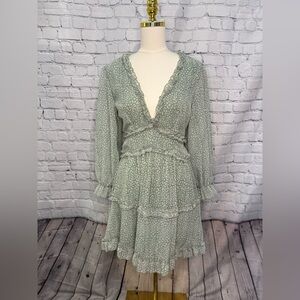 Romantic Green Floral Dress with Open Back and Sheer Sleeves